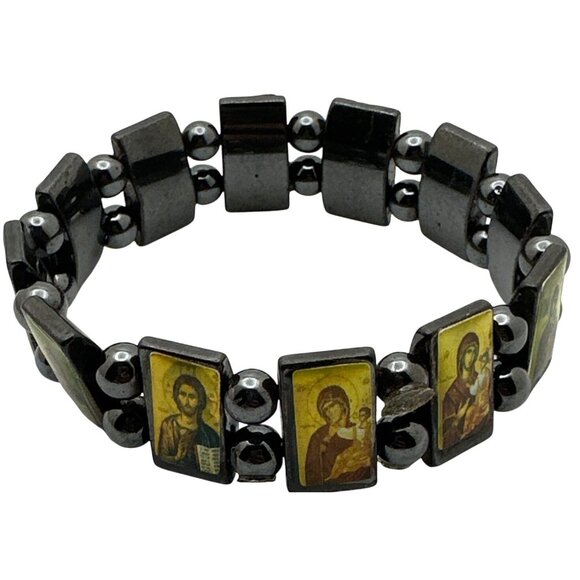Hematite Iconic Saints Bracelet Prayer Religious Spiritual Stretch Devotional - Picture 5 of 7